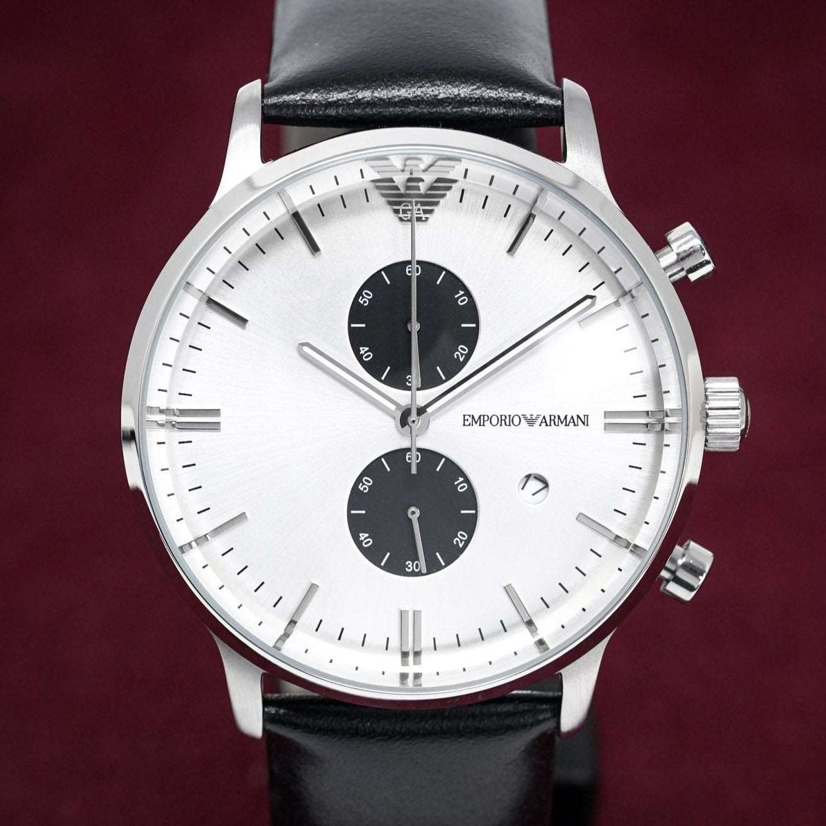 Emporio Armani Men S Ar0385 Chronograph Watch Black Watch White Dial