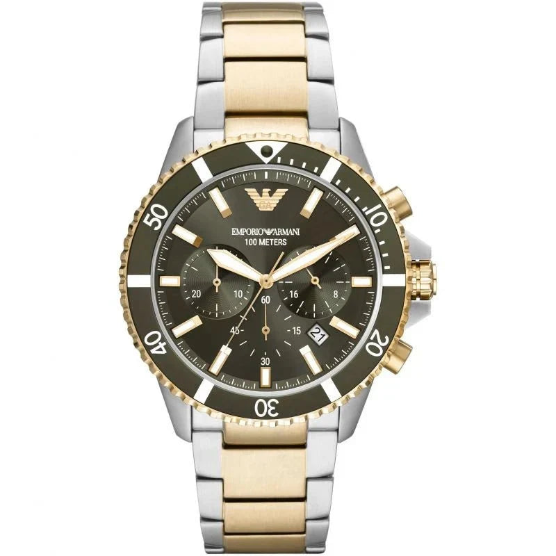 Emporio Armani Mens Watch Diver Chronograph 43mm Green Ar11361 Stainless Steel