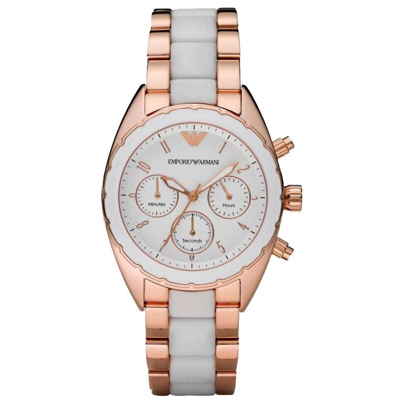 Emporio Armani Ar5942 Ladies Rose Gold Chronograph Watch Rubber
