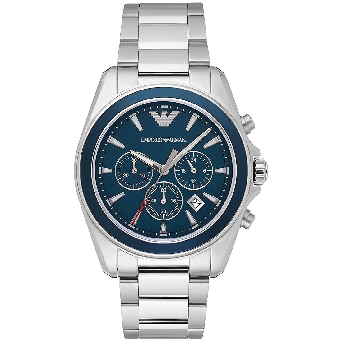 Emporio Armani Ar6091 Men S Blue Dial Silver Chronograph Watch Stainless Steel