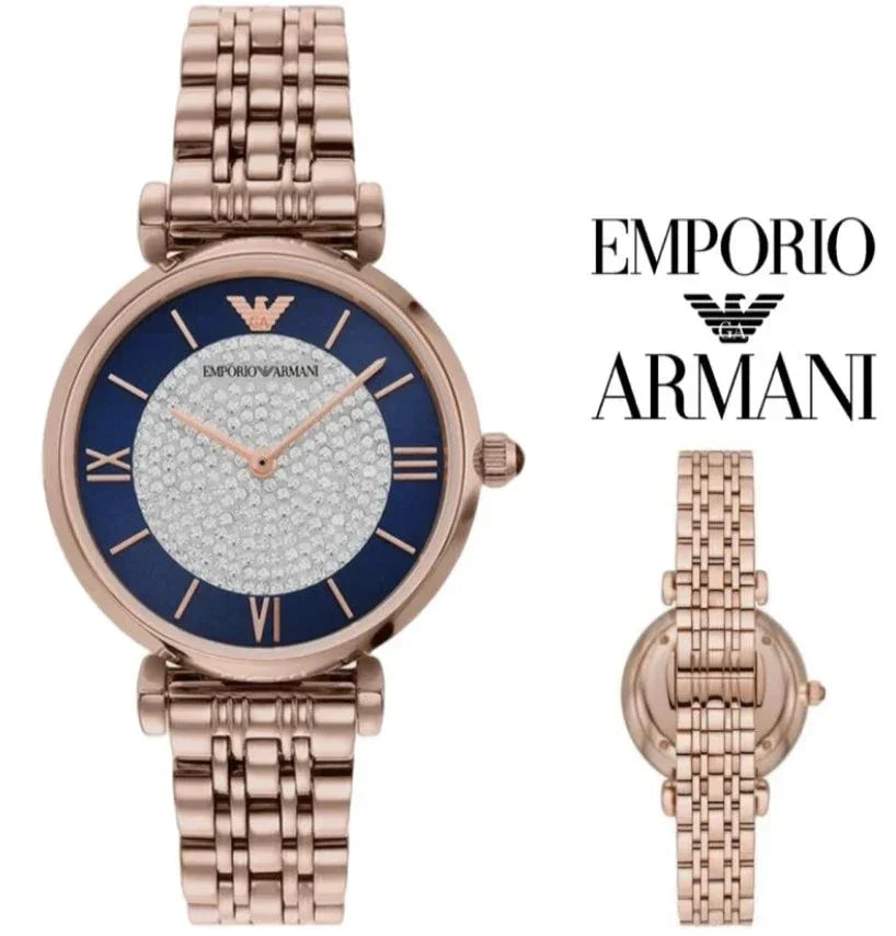 Emporio Armani Gianni T Bar Quartz Crystals Black Dial Gold Steel Strap Watch For Women Ar11423 Stainless Steel